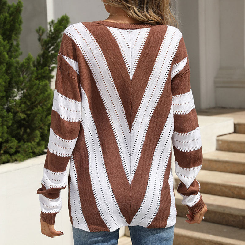 Women's Casual V-Neck Striped Knit Sweater