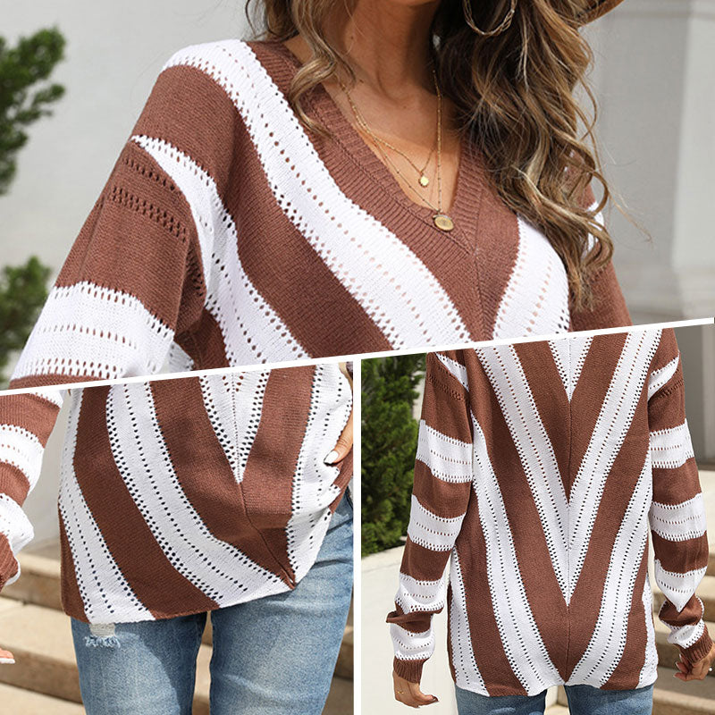Women's Casual V-Neck Striped Knit Sweater