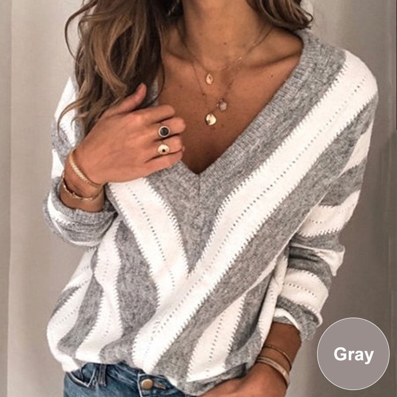Women's Casual V-Neck Striped Knit Sweater
