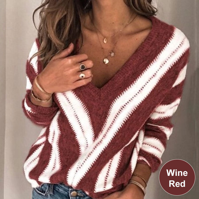 Women's Casual V-Neck Striped Knit Sweater