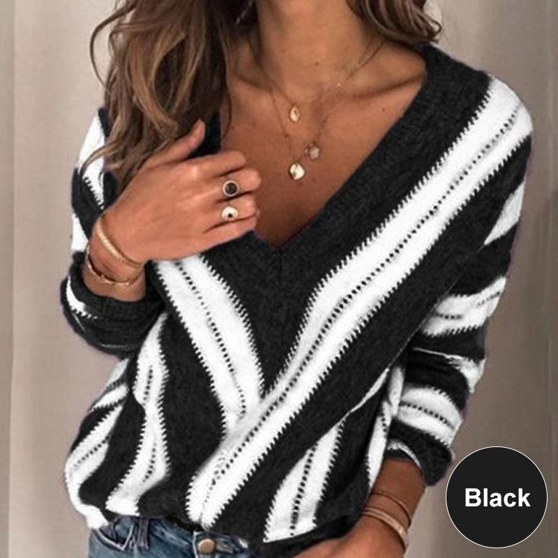Women's Casual V-Neck Striped Knit Sweater