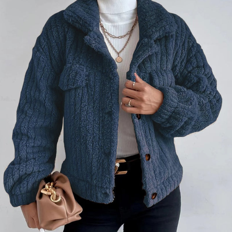 Women's Lapel Button-Down Warm Fuzzy Cropped Coat