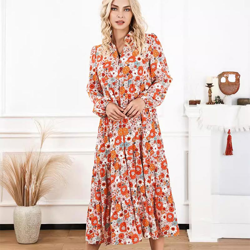 🌸Spring Specials💐 Women's Long Sleeve V Neck Bohemian Midi Dress