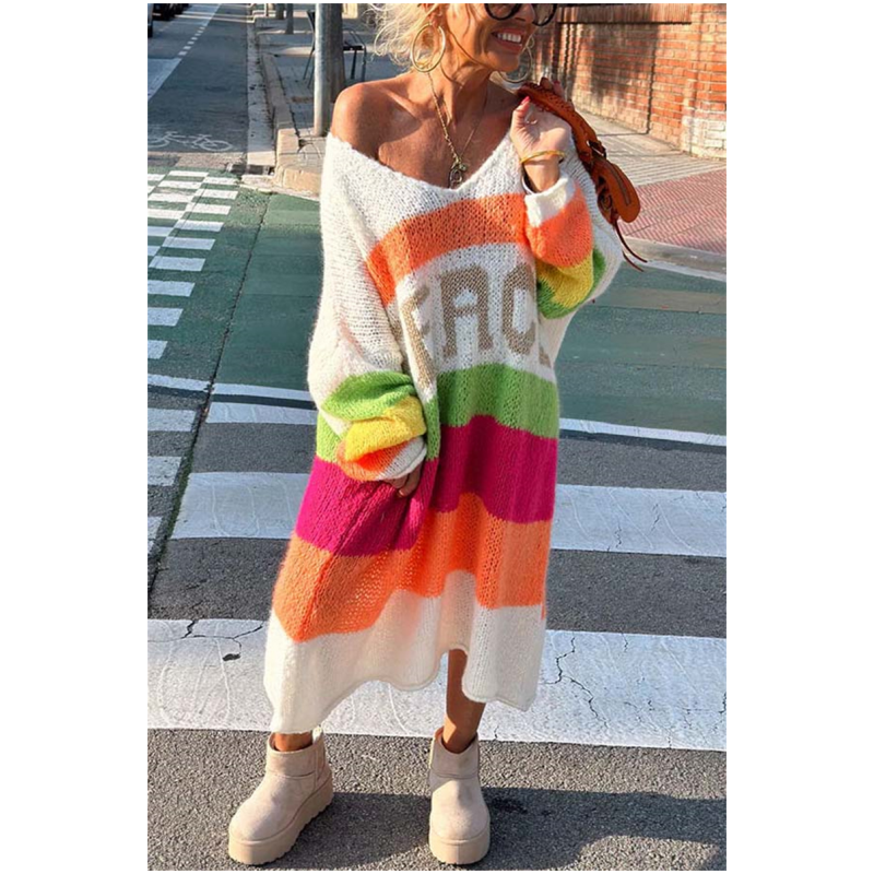 š„Now enjoy 50% discountš„Color Block V-Neck Letter Print Sweater Dress