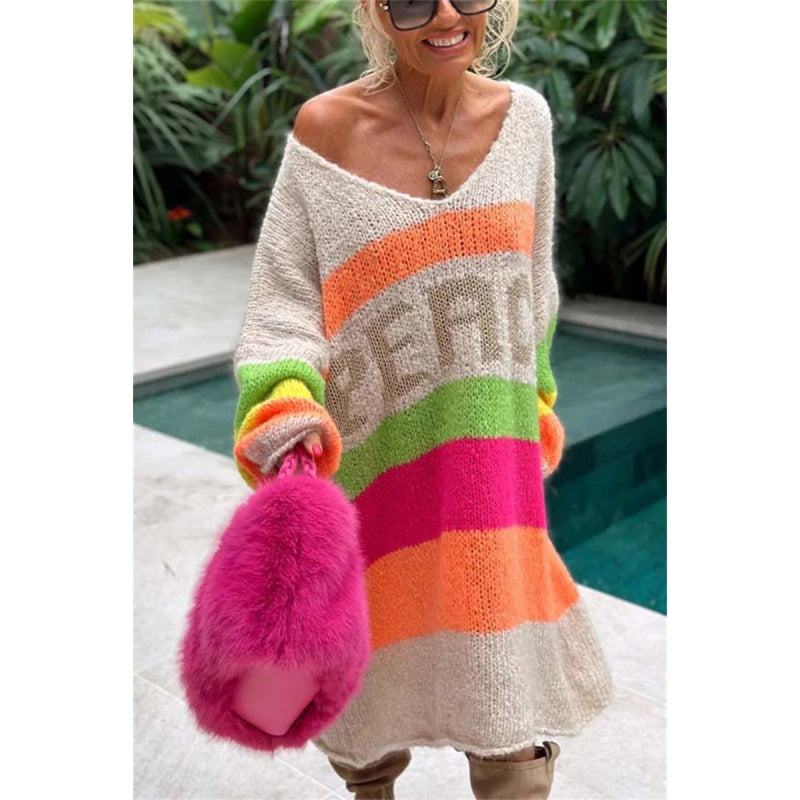 š„Now enjoy 50% discountš„Color Block V-Neck Letter Print Sweater Dress