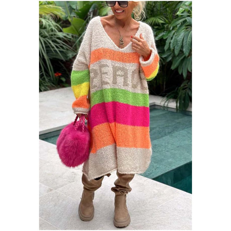 š„Now enjoy 50% discountš„Color Block V-Neck Letter Print Sweater Dress