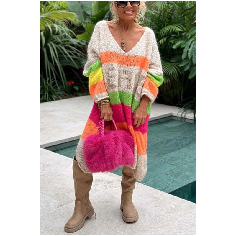 š„Now enjoy 50% discountš„Color Block V-Neck Letter Print Sweater Dress