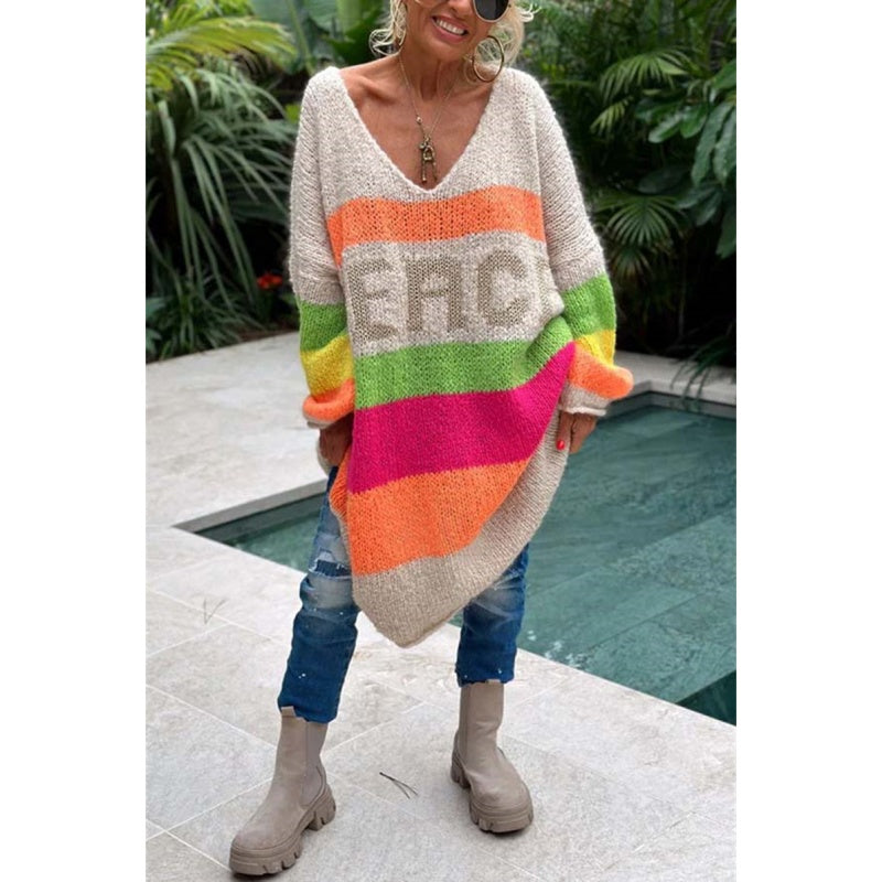 š„Now enjoy 50% discountš„Color Block V-Neck Letter Print Sweater Dress