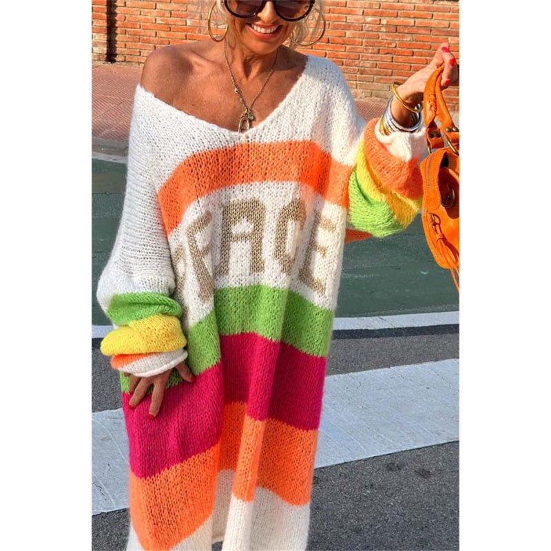 š„Now enjoy 50% discountš„Color Block V-Neck Letter Print Sweater Dress