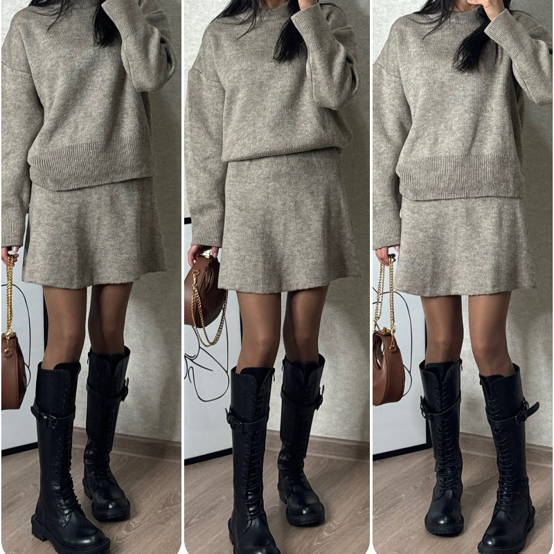 ๐2024 Autumn New Solid Color Casual College Style Knit Dress Set ๐๐2-Piece Sweater Set: Long-Sleeve Top & Mini Skirt