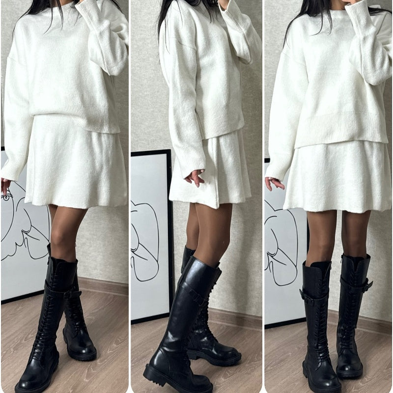 ๐2024 Autumn New Solid Color Casual College Style Knit Dress Set ๐๐2-Piece Sweater Set: Long-Sleeve Top & Mini Skirt