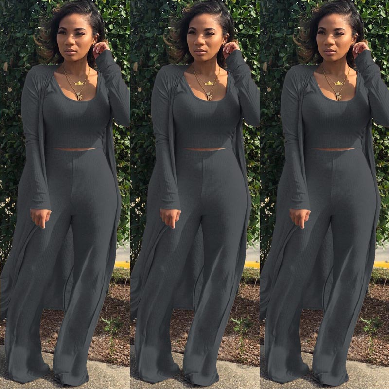 Women’s Stretch Knitted Tank Top High-waist Leggings and Long Cardigan 3-piece Set