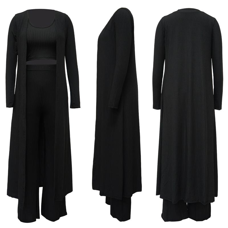 Women’s Stretch Knitted Tank Top High-waist Leggings and Long Cardigan 3-piece Set