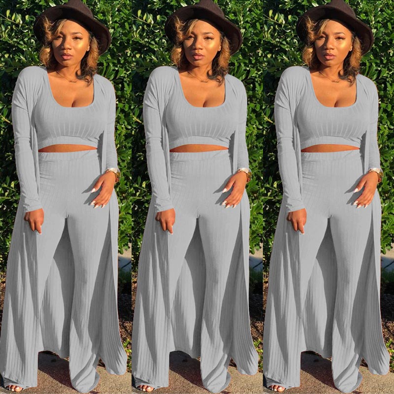 Women’s Stretch Knitted Tank Top High-waist Leggings and Long Cardigan 3-piece Set