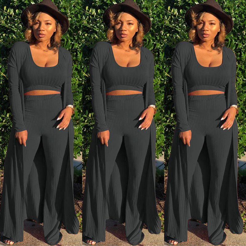 Women’s Stretch Knitted Tank Top High-waist Leggings and Long Cardigan 3-piece Set