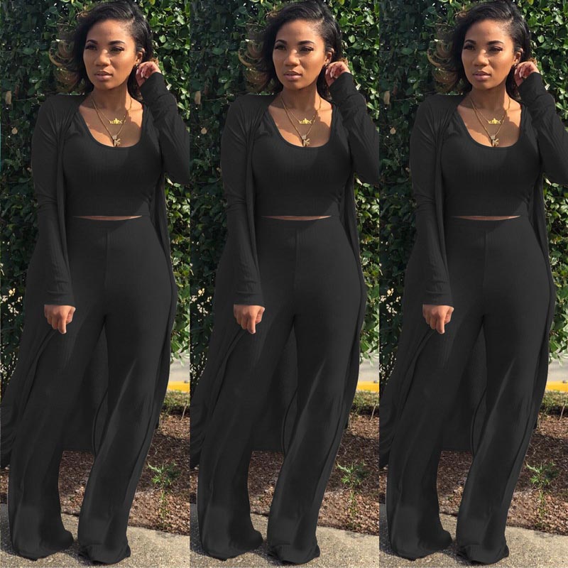 Women’s Stretch Knitted Tank Top High-waist Leggings and Long Cardigan 3-piece Set
