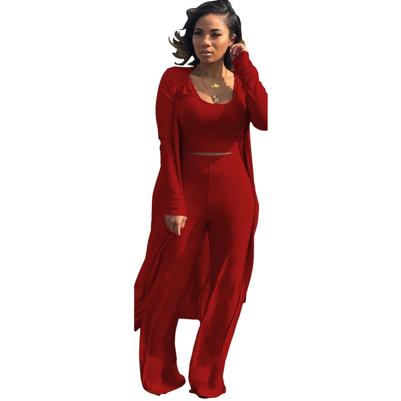Women’s Stretch Knitted Tank Top High-waist Leggings and Long Cardigan 3-piece Set