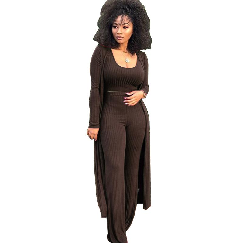 Women’s Stretch Knitted Tank Top High-waist Leggings and Long Cardigan 3-piece Set