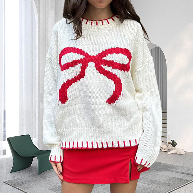 Women's Cozy Oversized Knit Sweater with Bow Pattern