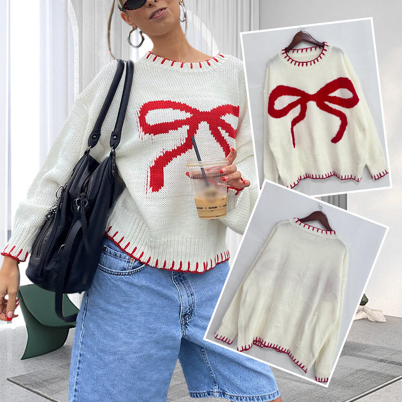 Women's Cozy Oversized Knit Sweater with Bow Pattern