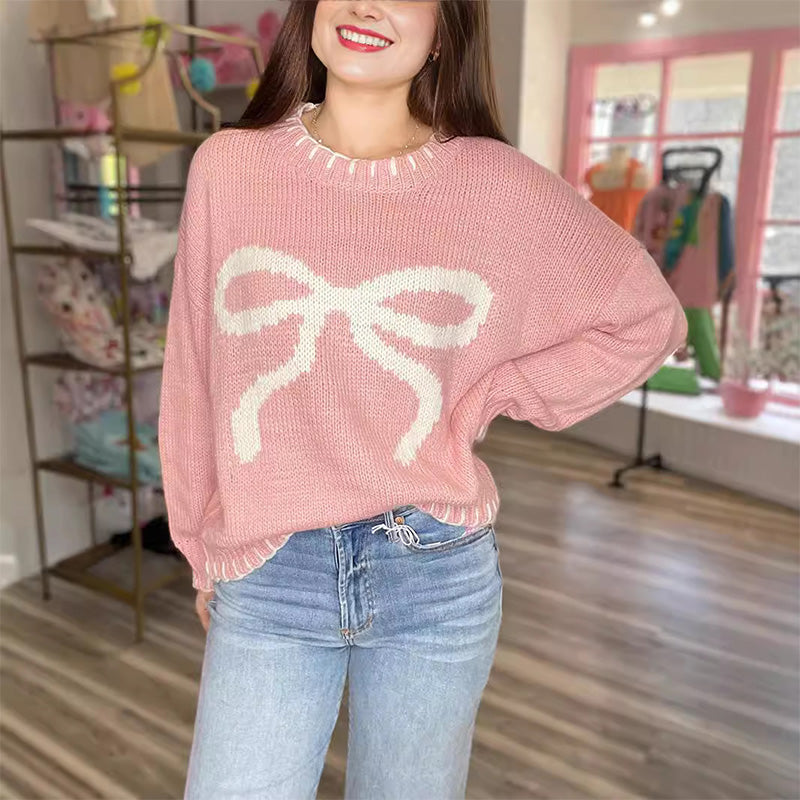 Women's Cozy Oversized Knit Sweater with Bow Pattern