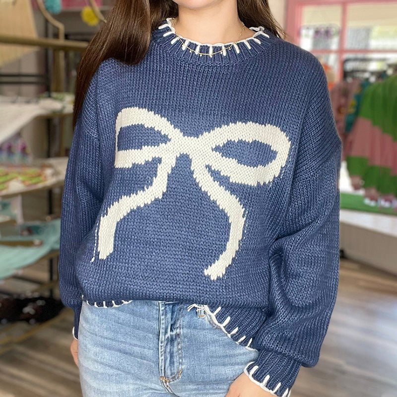 Women's Cozy Oversized Knit Sweater with Bow Pattern