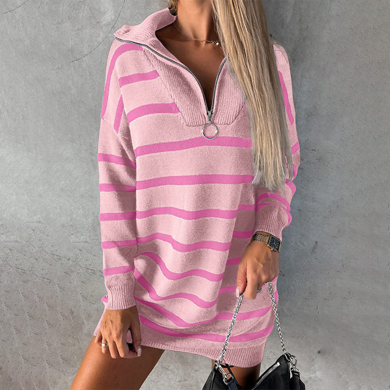Women's Half-Zip Long Sleeve Striped Knitted Dress
