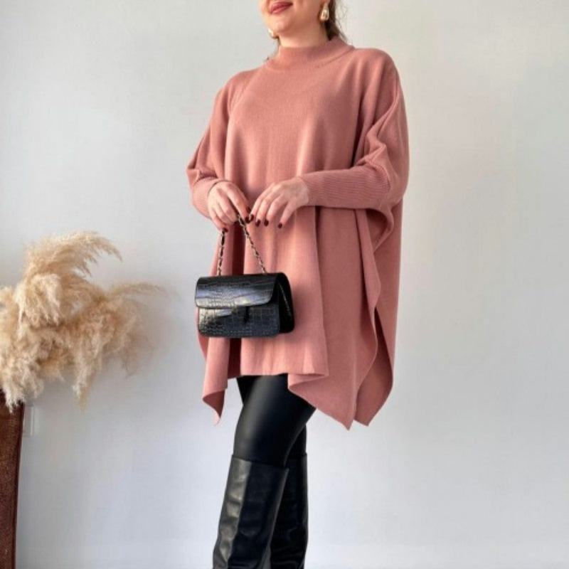 Women's Mock Neck Batwing Sleeves Slit Tops