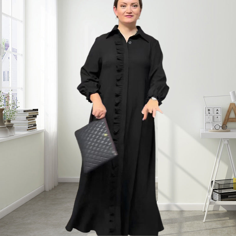 Women's Elegant Long Sleeve Ruffle Trim Maxi Dress