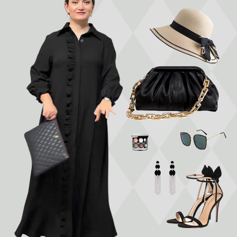Women's Elegant Long Sleeve Ruffle Trim Maxi Dress