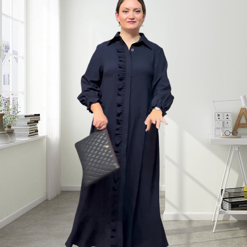 Women's Elegant Long Sleeve Ruffle Trim Maxi Dress