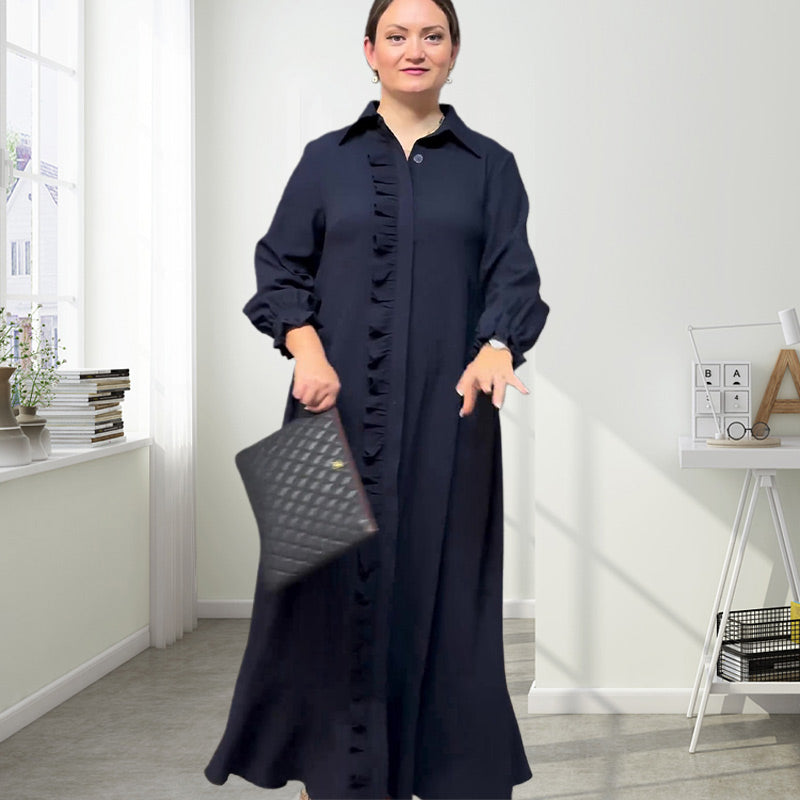 Women's Elegant Long Sleeve Ruffle Trim Maxi Dress