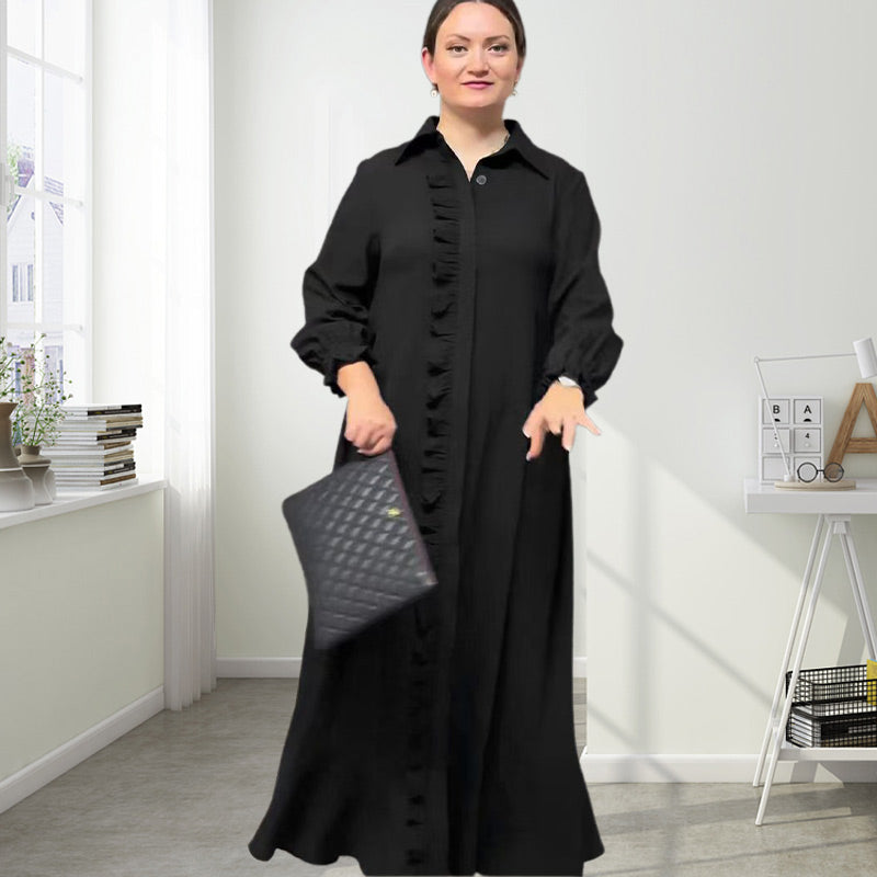 Women's Elegant Long Sleeve Ruffle Trim Maxi Dress