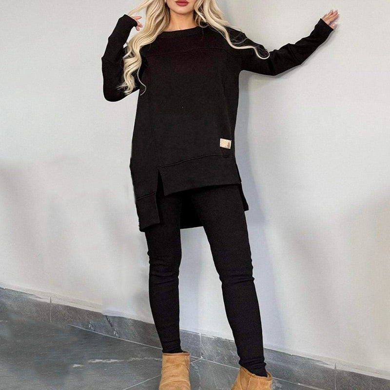 Slit High Low Hem Sweatshirt & Bodycon Pants Set