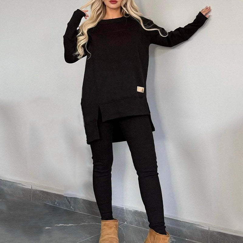 Slit High Low Hem Sweatshirt & Bodycon Pants Set