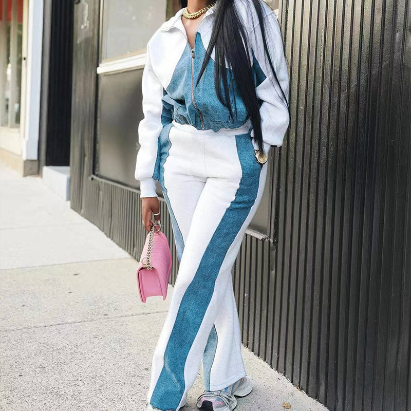 Women’s Trendy Color Block Jacket & Pants 2-Piece Set