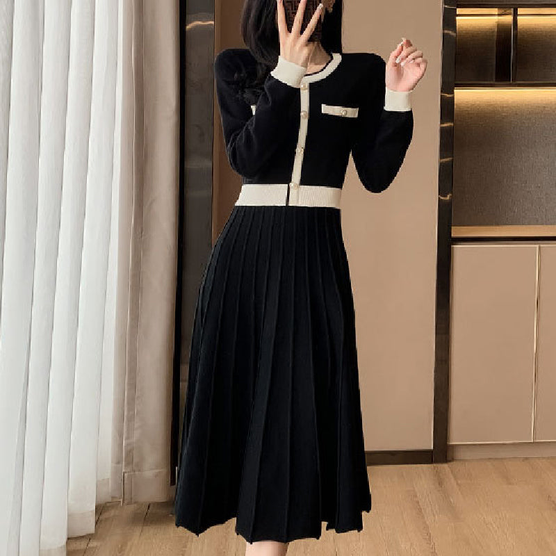 Women's Elegant Pleated Contrast Color Dress
