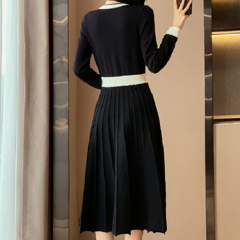 Women's Elegant Pleated Contrast Color Dress
