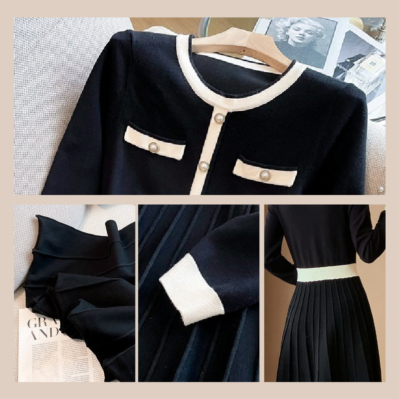 Women's Elegant Pleated Contrast Color Dress