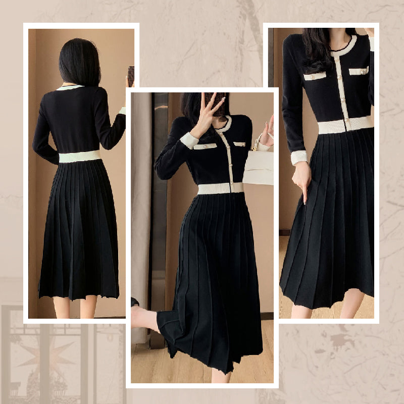 Women's Elegant Pleated Contrast Color Dress