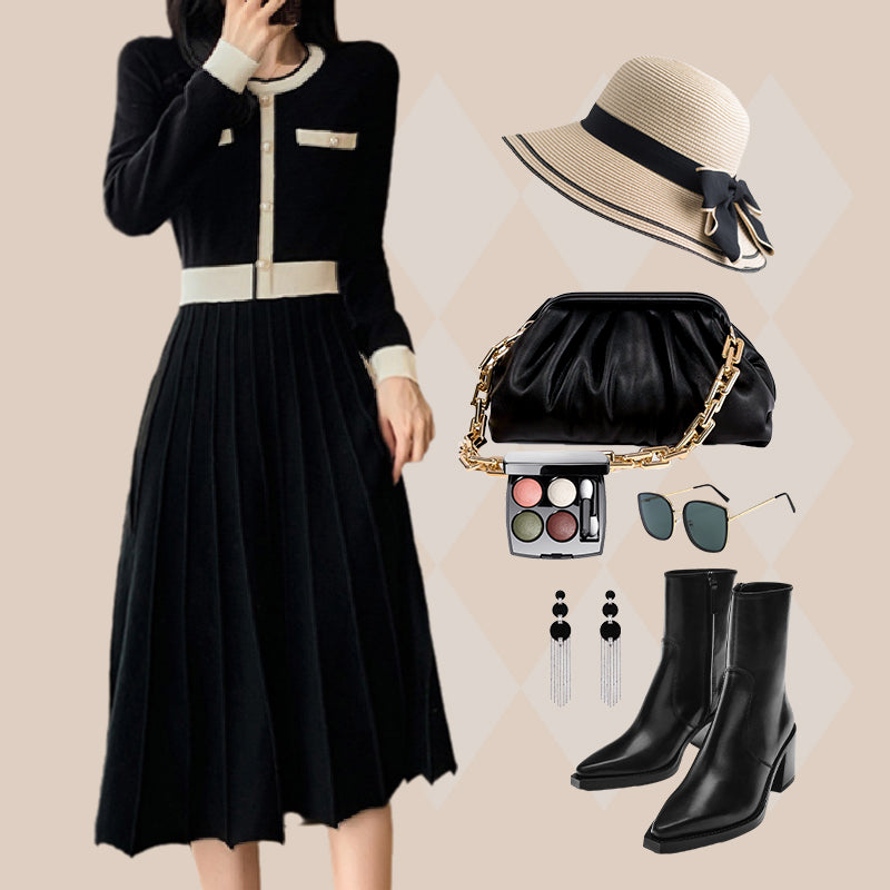 Women's Elegant Pleated Contrast Color Dress