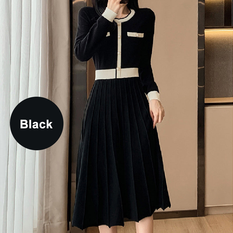 Women's Elegant Pleated Contrast Color Dress