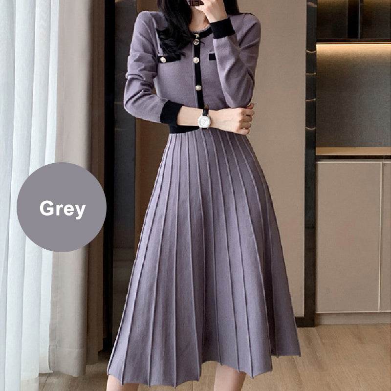 Women's Elegant Pleated Contrast Color Dress