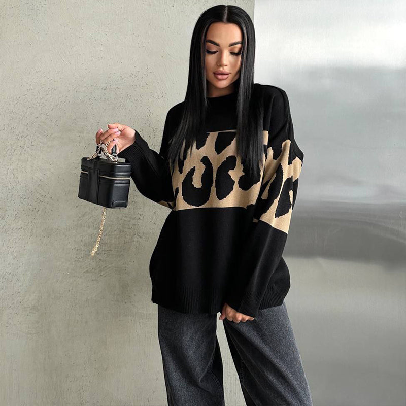 Women's Trendy Leopard Patchwork Crew Neck Sweater