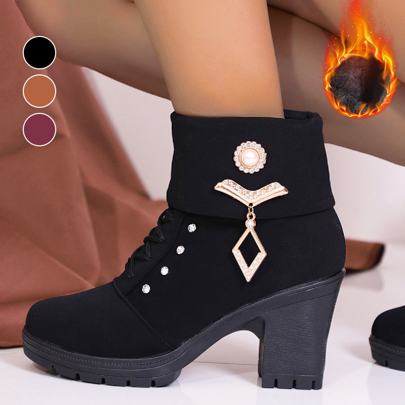 Women's Chunky Heeled Ankle Boots with Rhinestone Decor⚡New Arrivals Sale-50% OFF