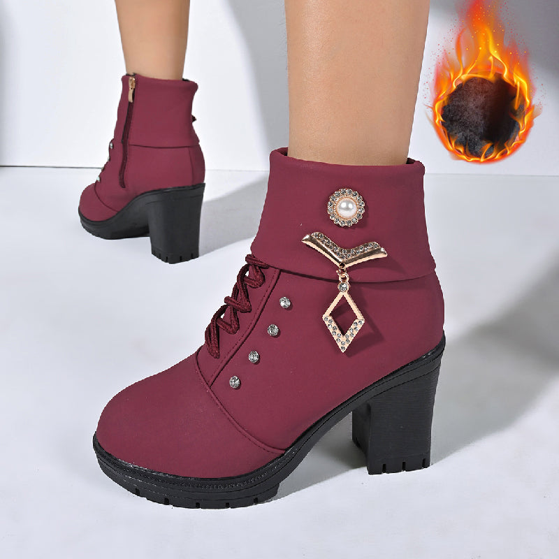 Women's Chunky Heeled Ankle Boots with Rhinestone Decor⚡New Arrivals Sale-50% OFF
