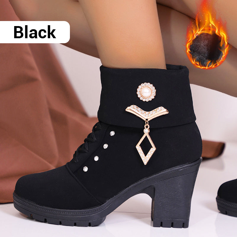 Women's Chunky Heeled Ankle Boots with Rhinestone Decor⚡New Arrivals Sale-50% OFF