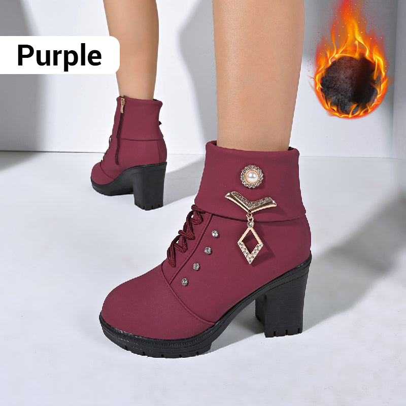 Women's Chunky Heeled Ankle Boots with Rhinestone Decor⚡New Arrivals Sale-50% OFF