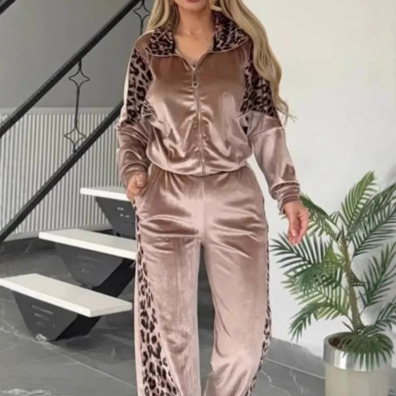 🔥2025 HOT SALE🔥 Women's Fashion Leopard Print Zipper Top&Drawstring Pants (2-Piece Set)