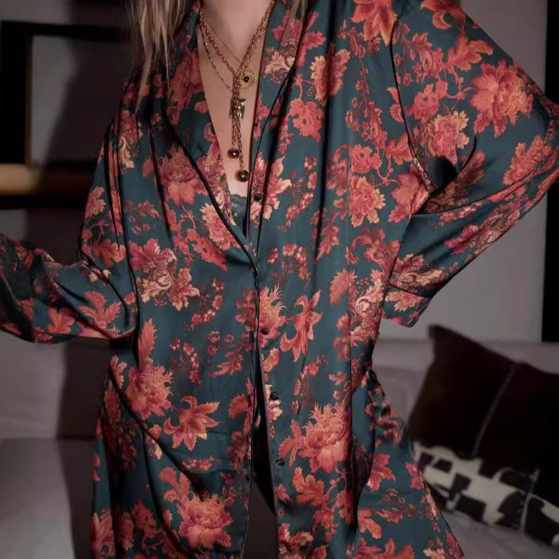Women's Floral Printed Long Sleeve Pajama Top &Pants Two Piece Set